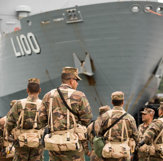 His Majesty's Armed Forces Royal Tongan Marines wait for further instruction alongside HMAS Choules as part of Exercise Southern Katipo 2017.