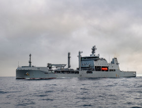 Royal New Zealand Navy's HMNZS Aotearoa sailing on the ocean. 