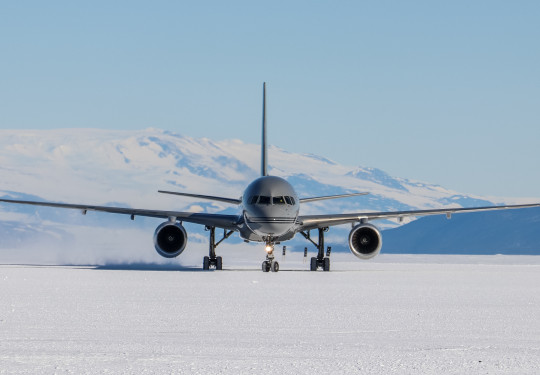 The Royal New Zealand Boeing 757 on the snow runway in Antarctica