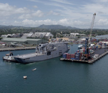 HMNZS Canterbury sailing into port in Lautoka, Fiji.