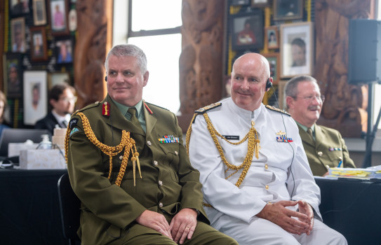 Chief of Army, Major General John Boswell (left) and Commander Joint Forces New Zealand, Rear Admiral James Gilmour (right) in the Mōtatau Marae in Northland.