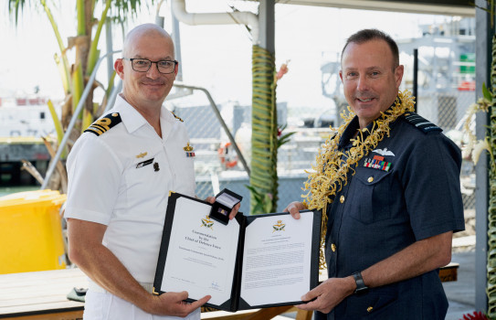 Australian Defence Force Maritime Security Adviser Lieutenant Commander Jared Willans received a commendation for helping to coordinate the immediate response to the HMNZS Manawanui emergency call.