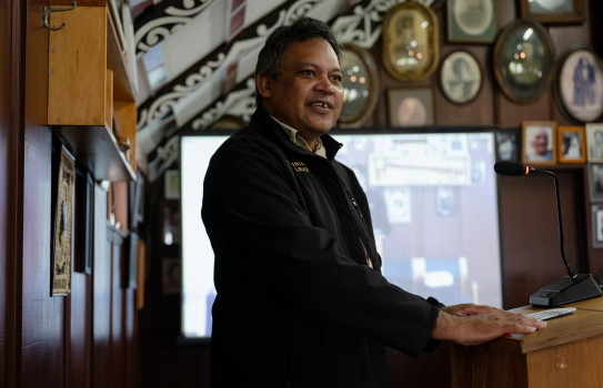 Master of Ceremonies Major Vince Copeland speaks as the week drew the latest claimant stage of the Wai 2500 Military Veterans Tribunal to a close, with three Crown hearings set down for 2025.